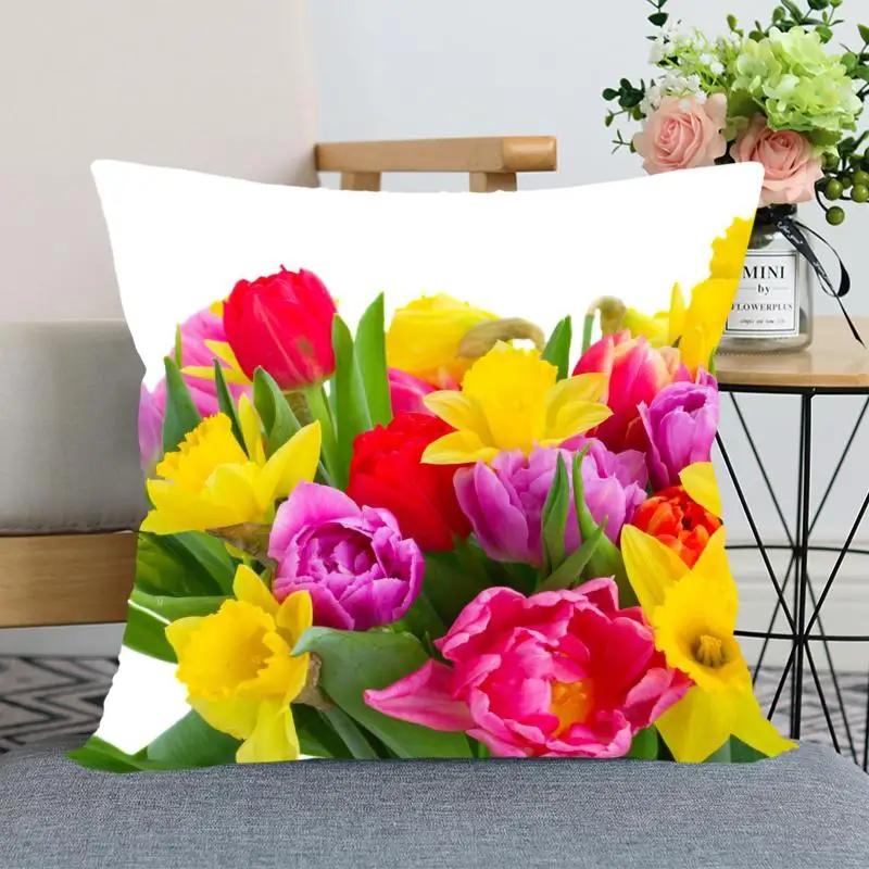 Tulip Flower Pillowcase Bedroom Home Office Decorative Square