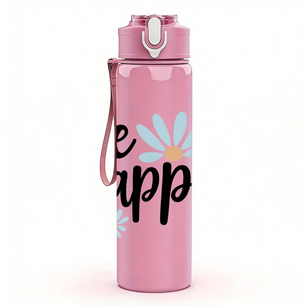 1PC Be Happy Daisy Letter Print 750ml Color Plastic Sports Water Bottle Leakproof Flip Straw Lid Suitable for Sports Office Home Use