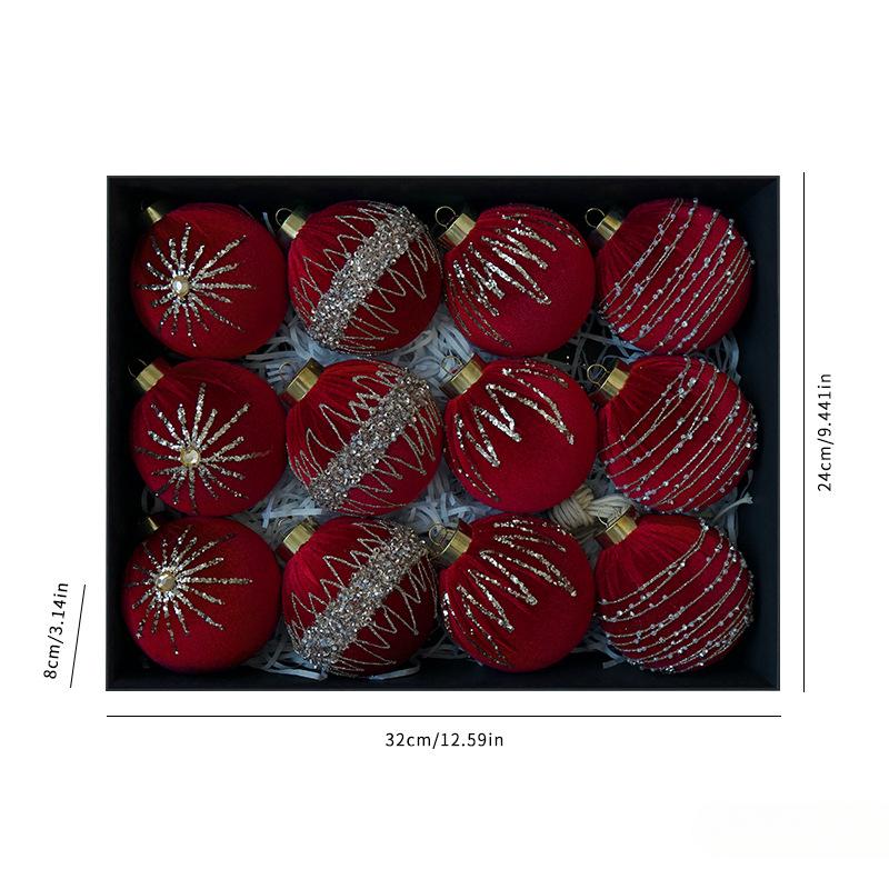 8CM/12PCS, Sparkling Velvet, Wrapped Christmas Balls, Ornaments, Christmas Decorations, Window Ornaments, Party Decoration Ornaments