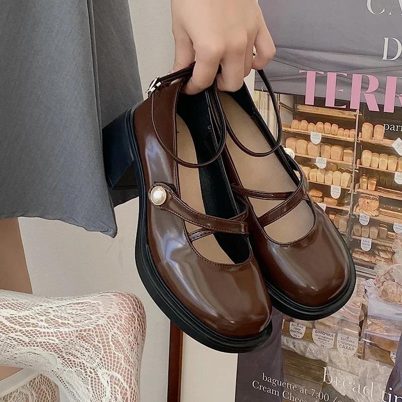 Retro Brown  Shoes Women Thick Heels Ankle Buckle Lolita Shoes Woman Uniform Pu Leather Student Shoes Female