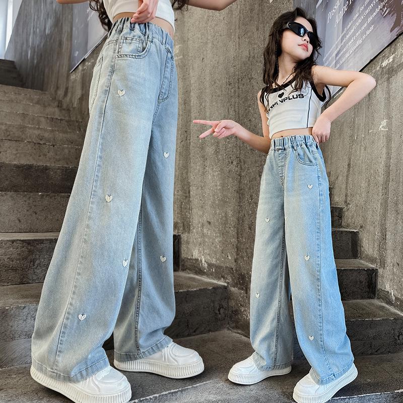 Girls' Trendy Spring 2025 Loose Wide-Leg Jeans - Casual, Straight-Leg Style for Middle and Big Kids