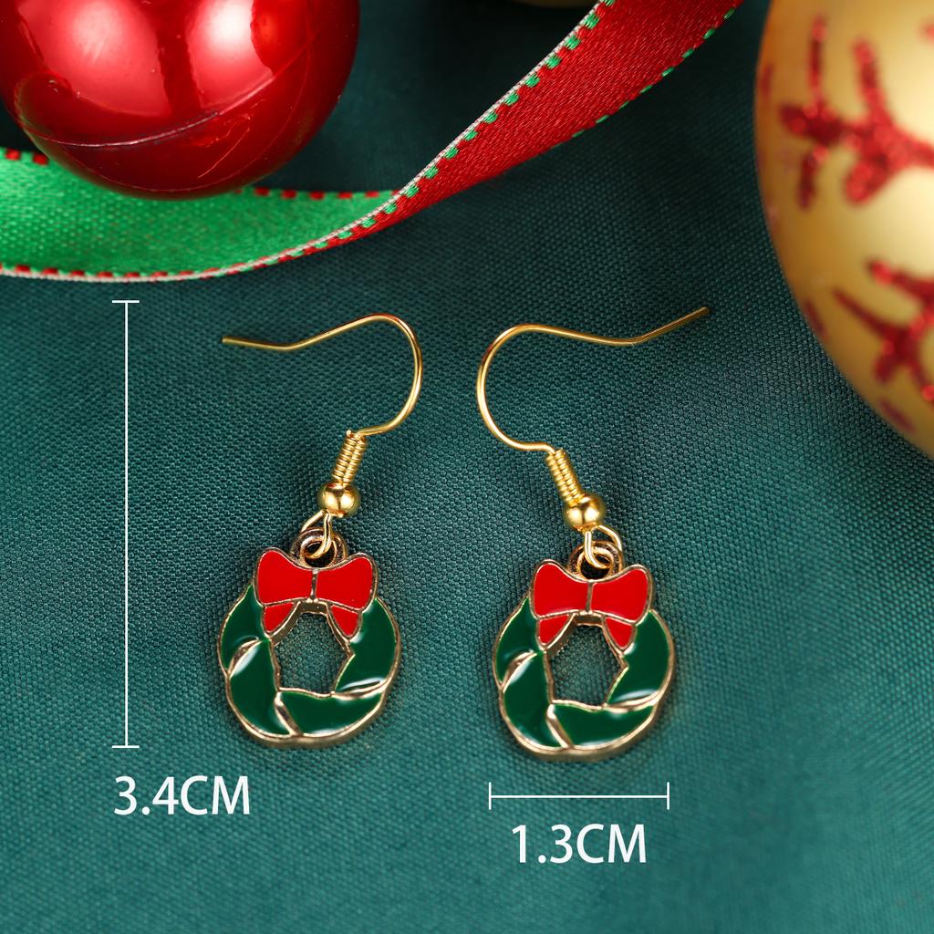 Cute Christmas Wreath Bow Drop Earrings Gold Tone Hook Red Green Festive Holiday Jewelry Gift for Women Winter Party Xmas Decoration