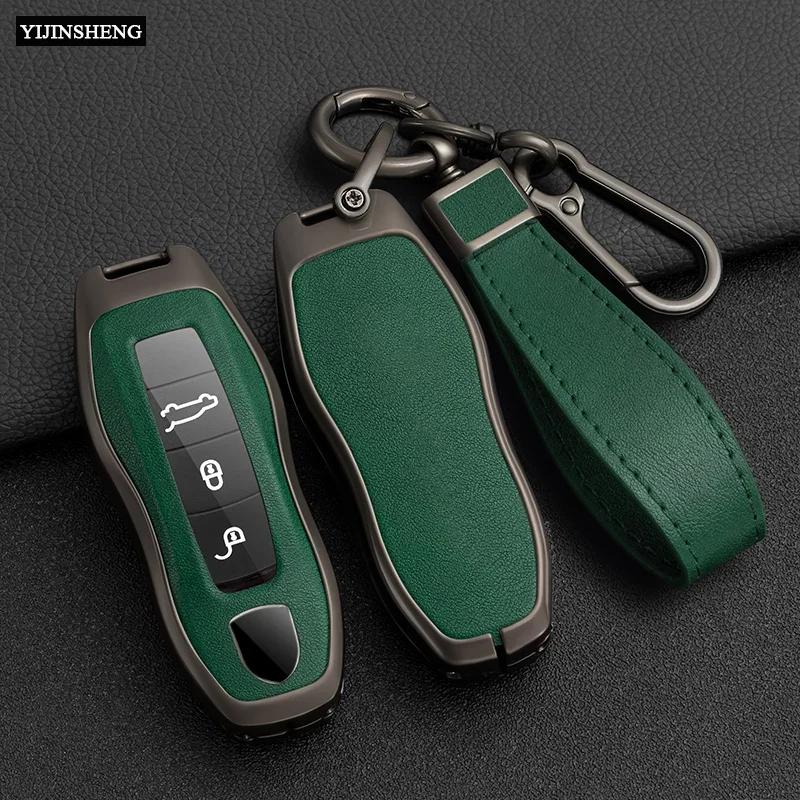 Zinc Alloy + Leather Car Key Case Cover Fob Holder For Porsche Cayenne Panamera 971 911 9YA Macan 718 Cayman Boxster 3 Remote