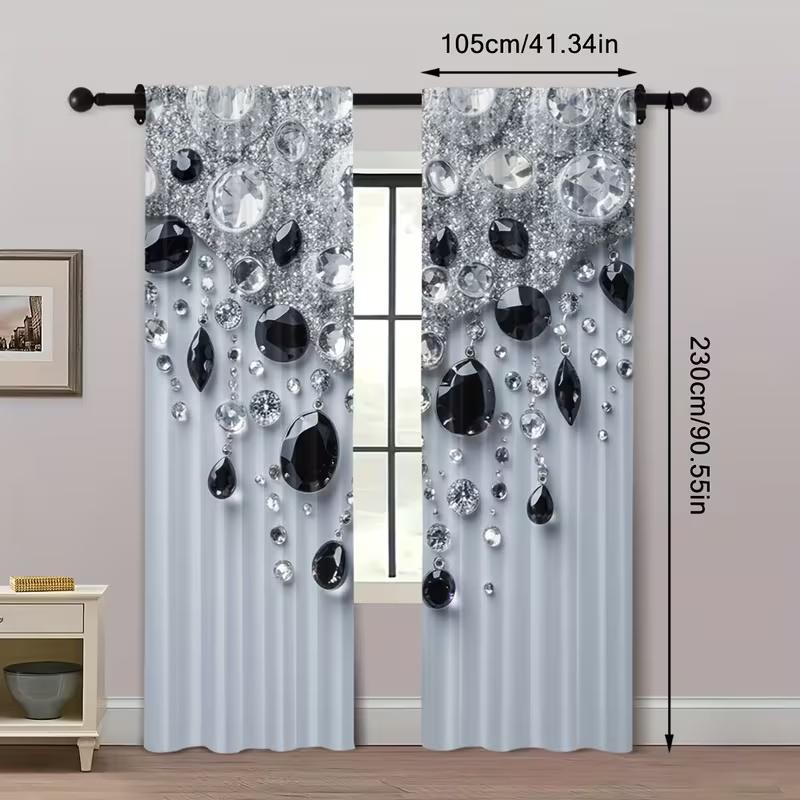 2 Pcs Black Crystal Print Curtains,suitable for Bedroom,living Room Kitchen Decoration,home Decoration,window Decoration