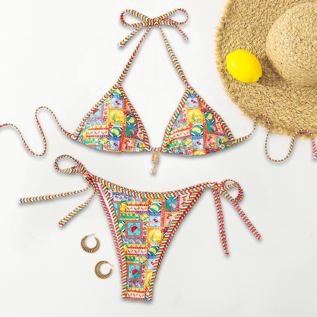 Triangle Cup Print Sexy Bikini Split Swimsuit