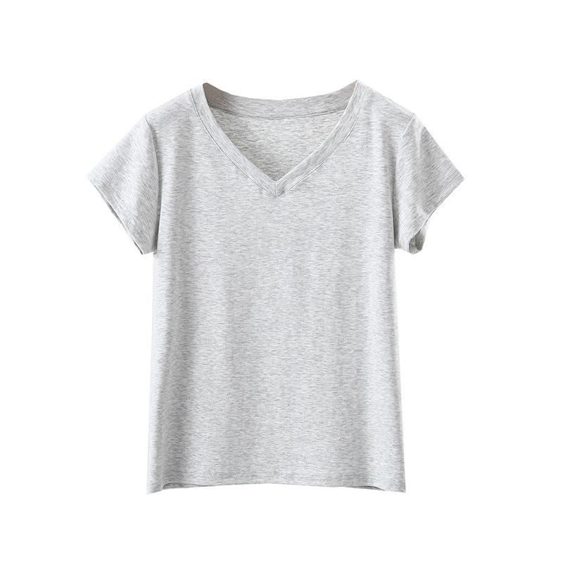 Dames 2025 Zomer Katoen V-Hals Korte Mouw Slankmakend Basic T-Shirt