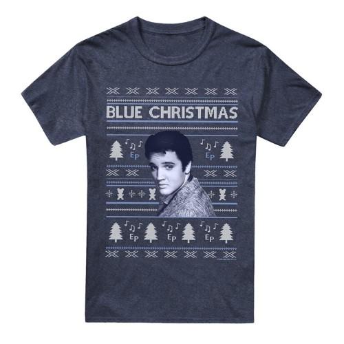Elvis Presley Unisex Adult Blue Ugly Christmas Fair Isle T-Shirt