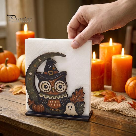 Vertical Napkin Holder Halloween Wood Holder, Rustic Ghost Skeleton Owl Pumpkin Dispenser, Unique Tabletop Display Vintage Standing Tissue for Kitchen