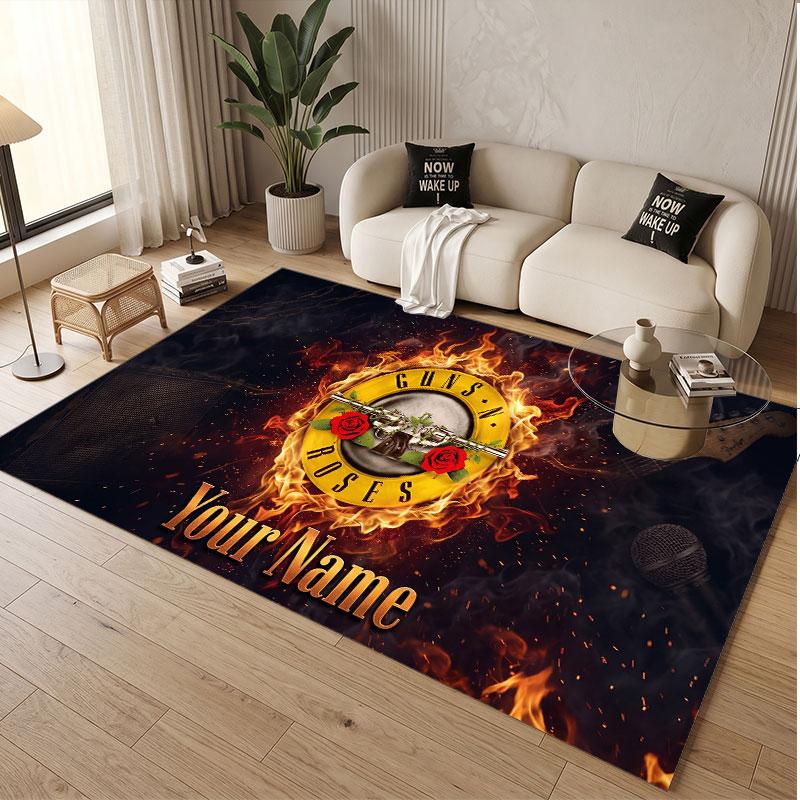Custom Rug Guns N’ Roses Pattern Print Name Text Soft Non‑Slip Floor Carpet for Home Indoor Decoration