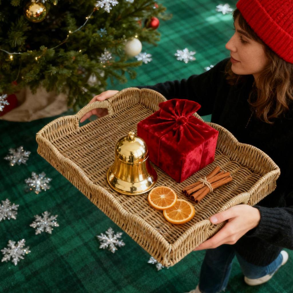 Woven Tray With Handles Imitation Rattan Kitchen Decoration Decorative Tray Basket For Remote Control Book Breakfast Living Room