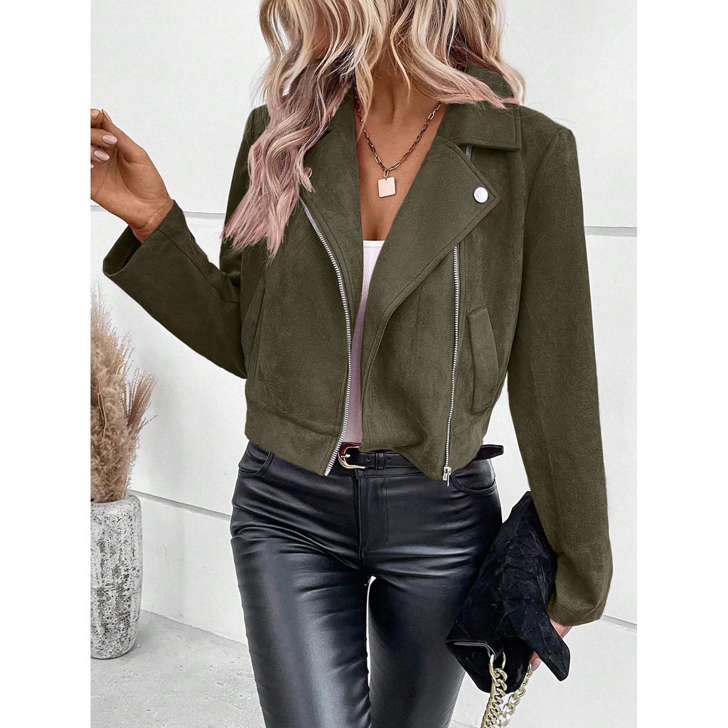 Faux Suede Women Jakcet Zipper Fly Lapel Buttons Motorcycle Jacket Leather Jacket Windproof High Street Biker Jacket Cardigan