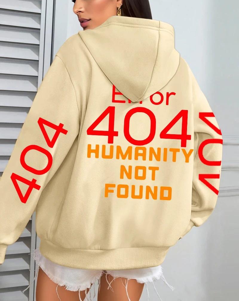 Women's Autumn Loose Fleece Hoodie with 'Error 404' Letter Print and Pocket
