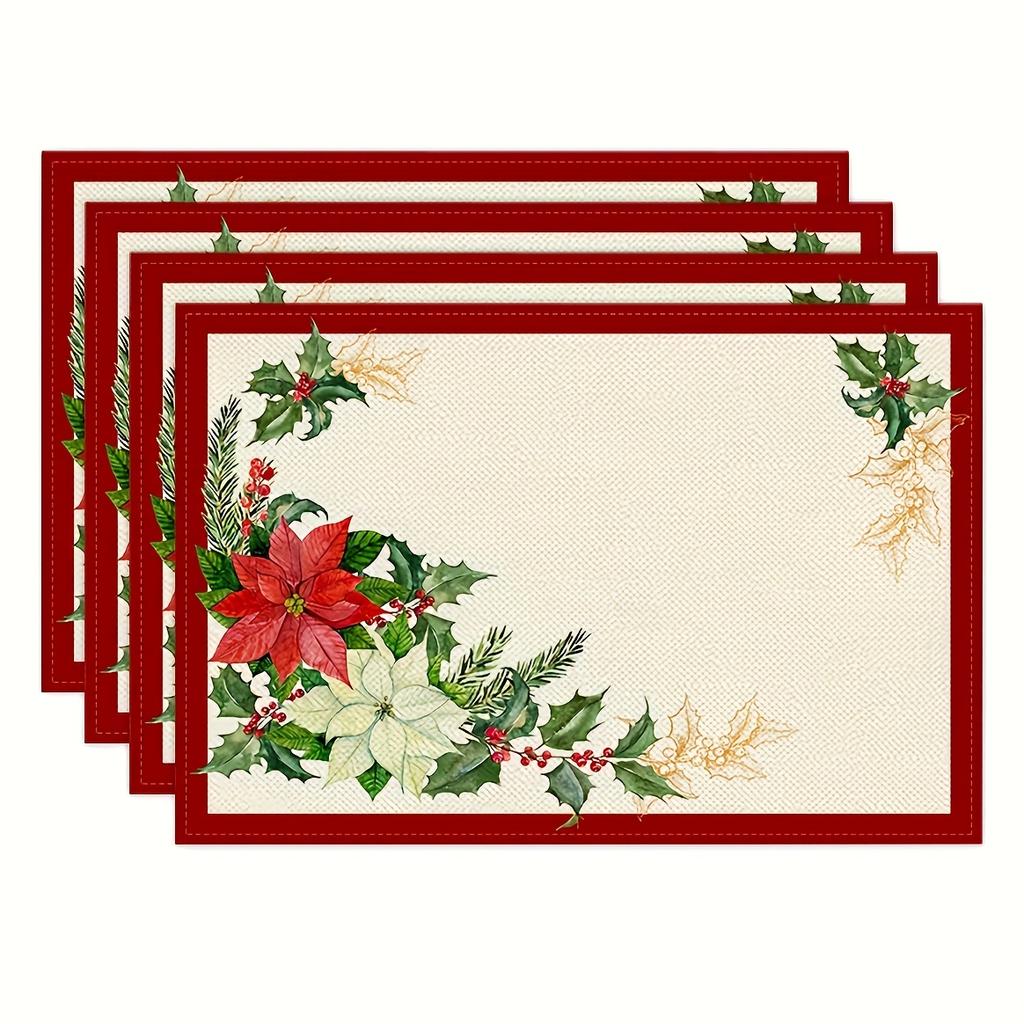 2~4 Placemats Set, Red Edge Pine Branches, White Flowers, Red Flowers, Christmas Placemats 12 X 18 Inch, Seasonal Countryside Holiday Vintage Thanksgi