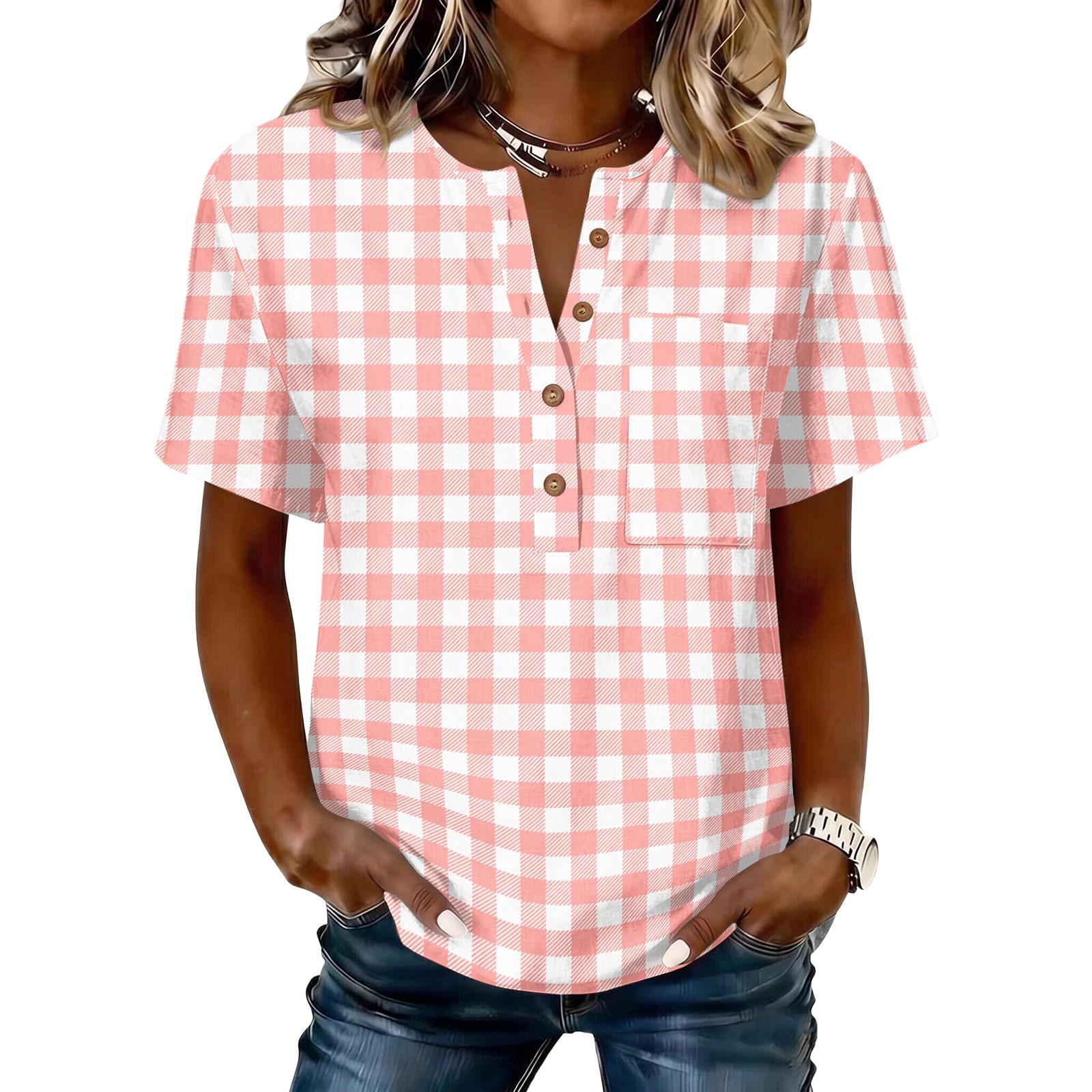 Women’s Print Short Sleeve Henley Shirt Cotton Linen Button Front Top with Chest Pocket Casual Fit XXXL