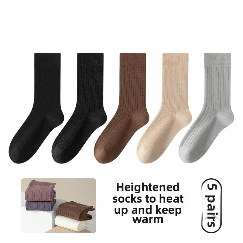 5 Pairs of Female Autumn and Winter Pure Color Warm Boneless Sweat Absorption Breathable Plus Long Pile Socks
