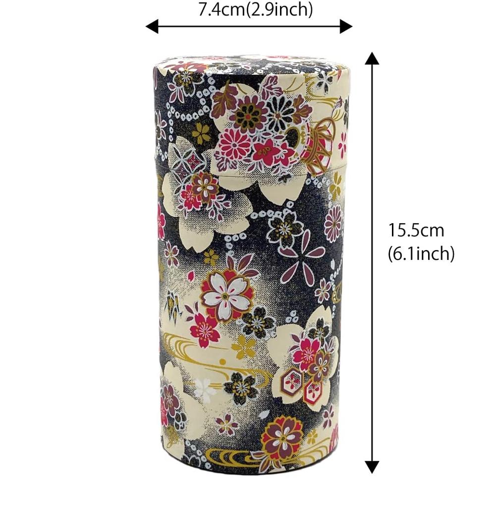Noguchi Kumataro Tea Garden Tea Caddy, Large Capacity 200g, with Washi Paper and Inner Lid, Hana-tsuzumi Design, Navy Blue and Black, Made In Japan,