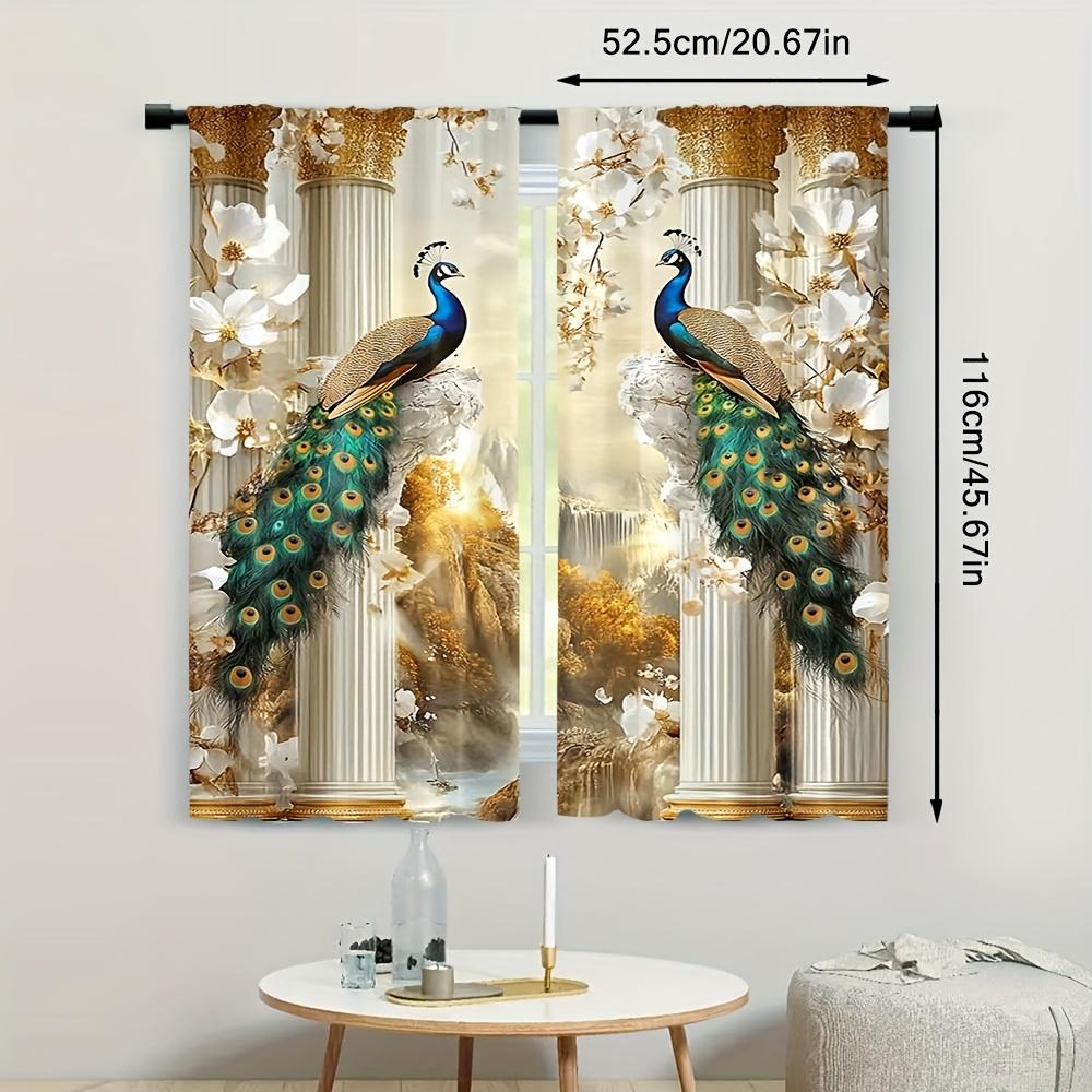 2pcs 2D Flat Gold Peacock Print Curtains – for Bedroom & Living Room   Multiple Sizes Available