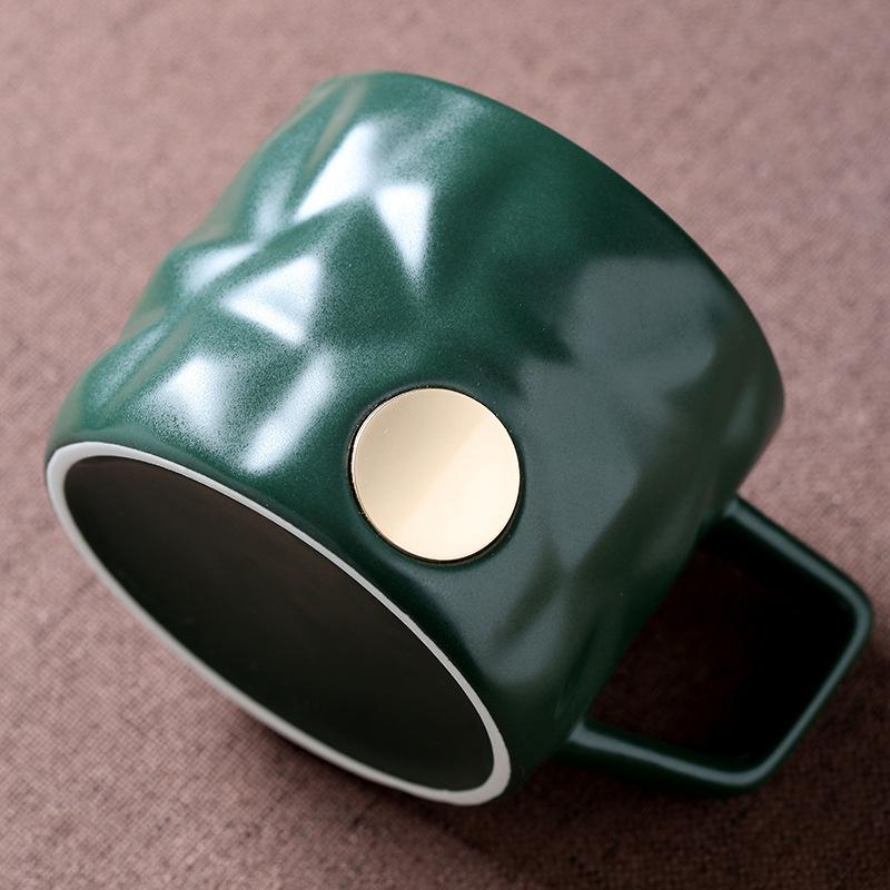 Juego de Taza de Café de Cerámica con Platillo, Taza de Agua Verde con Sello de Cobre