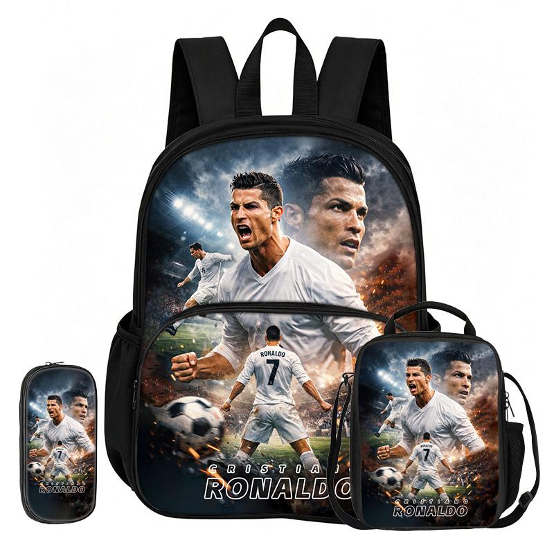 Learn, Travel Football Star School Bag Ronaldo 3 Pcs set with Front Pocket Backpack Lunch bag, Pencil Case, Sport Rucksack