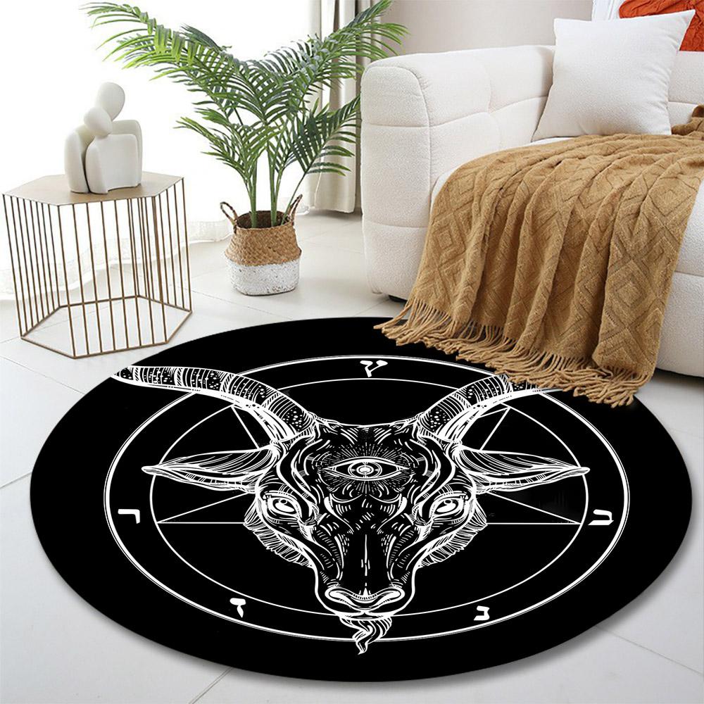 Mystic Goat with Pentagram Design Print round rug, living room, bedroom, playroom carpet, non slip floor mat, gift