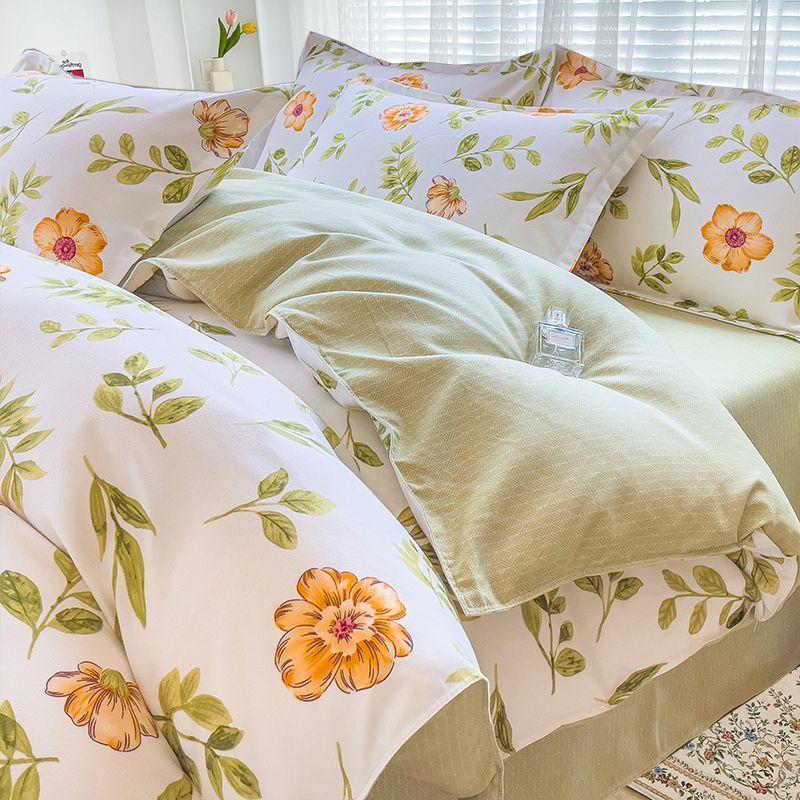 Simple Class A Washed Cotton Four-piece Bedding Set Princess Style Printed Quilt Cover Dormitory Bed Sheet Three-piece Quilt Cover