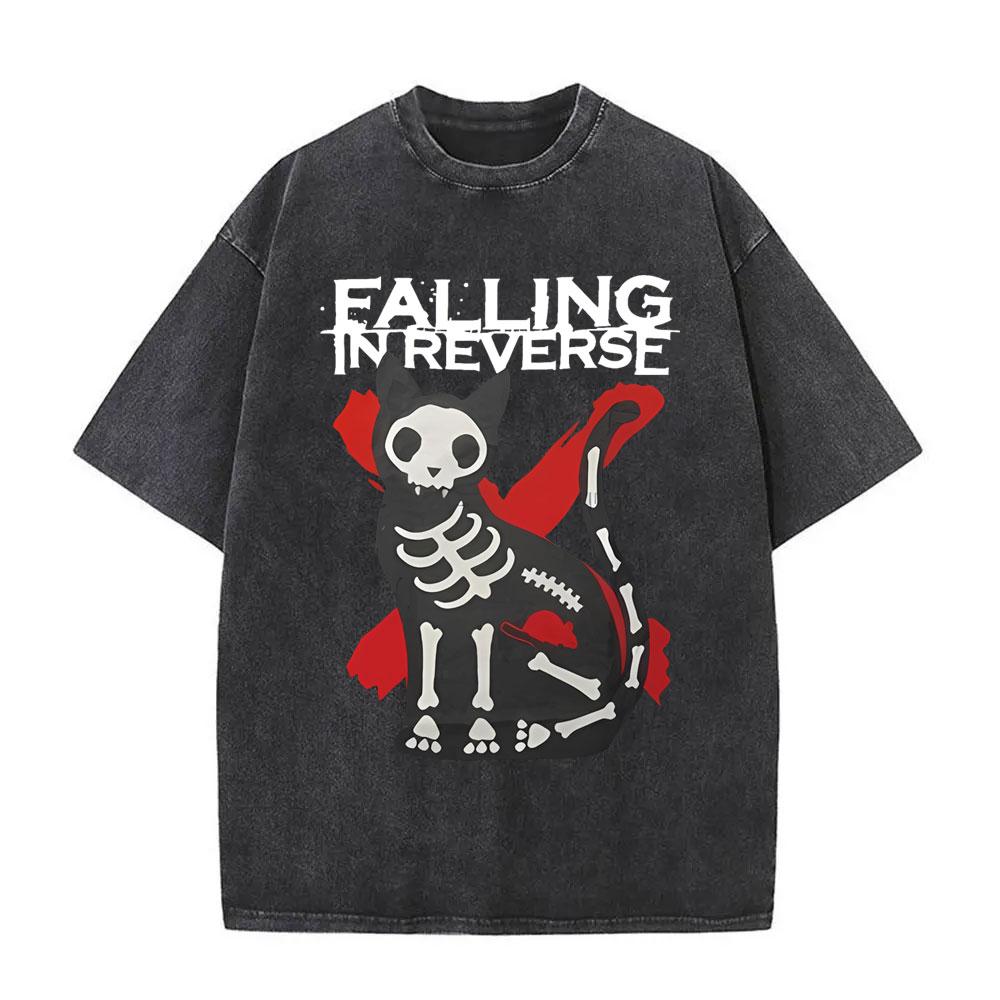 Washed Vintage Rock Band Falling In Reverse Skeleton Print Tshirt Men Women Retro Gothic Punk Tshirts Cotton Oversized T Shirt