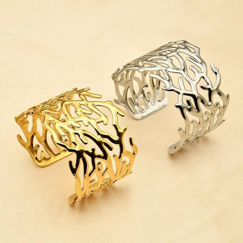 Stainless Steel C-Shape Open Bangle With Hollow Leaf Womens Bold Statement Bracelet