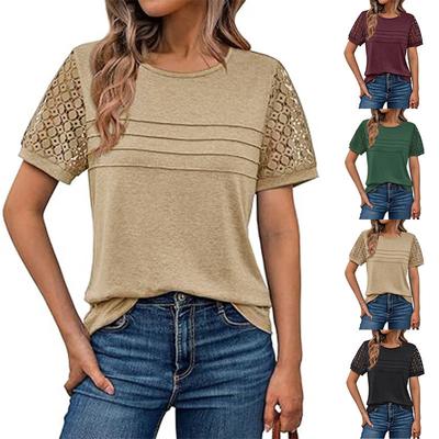 Women's Hollow Lace Patchwork Short Sleeve Crew Neck T Shirt Loose Casual Summer Blouse Top