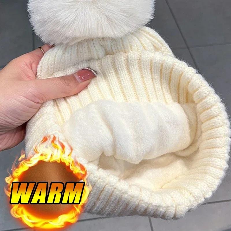 Winter Warm Female Fur Pom Poms Hat Winter Hat for Women Girl 's Cap Knitted Classic Beanies Cap Hats Thick Women Skullies