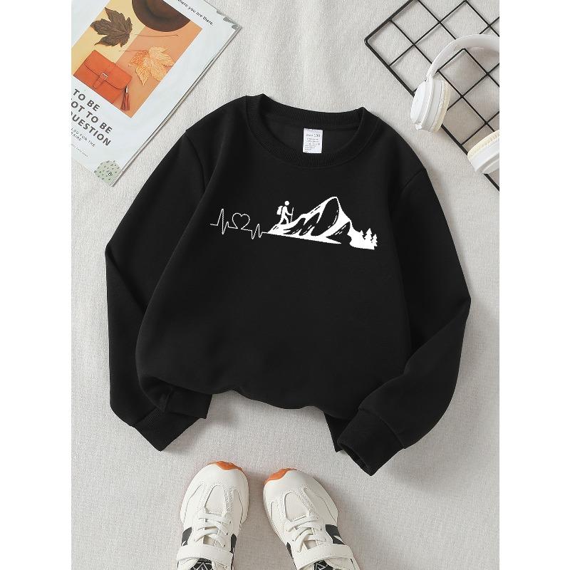 European Sizes Girls' Soft Crewneck Sweatshirt Mountain Hiker Heartbeat Adventure Print, Casual All-Match for Fall Winter, Ideal Present.