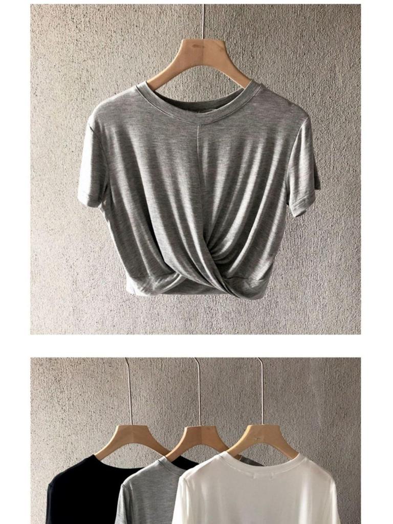 Damen Koreanischer Stil Geknotetes Bauchnabel-Freies Kurzarm Freizeit-T-Shirt