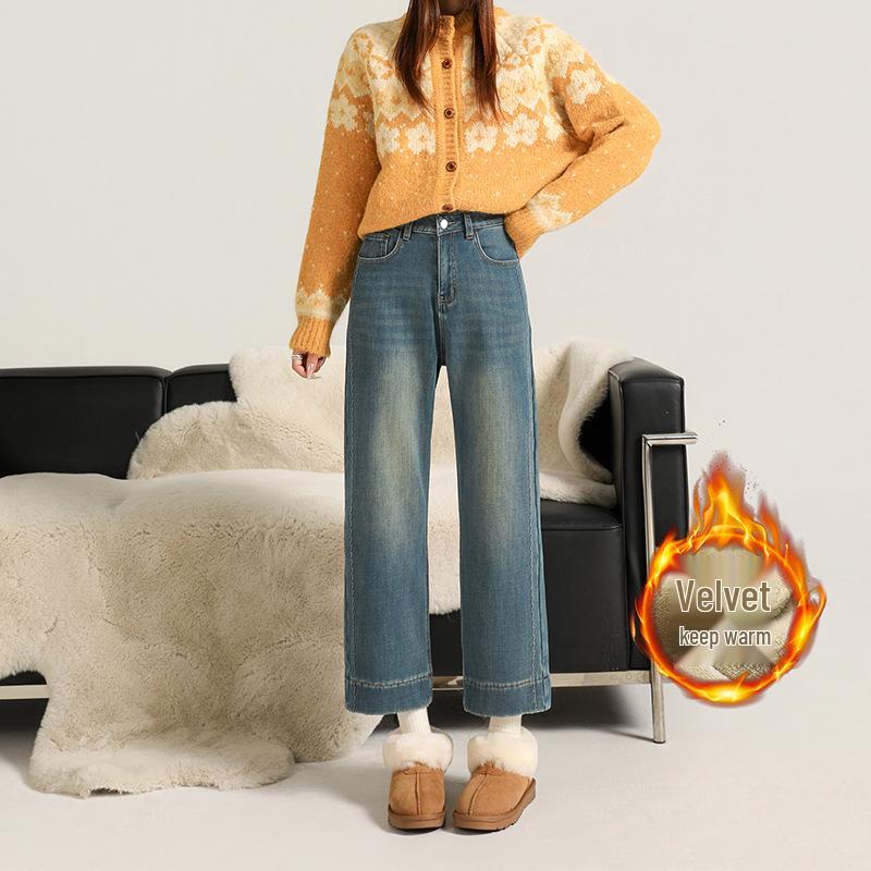 

Plus Velvet High Waist Elastic Straight-Leg Jeans for Women - Warm, Versatile, Thick Nine-Point Cigarette Fit for Autumn/Winter M