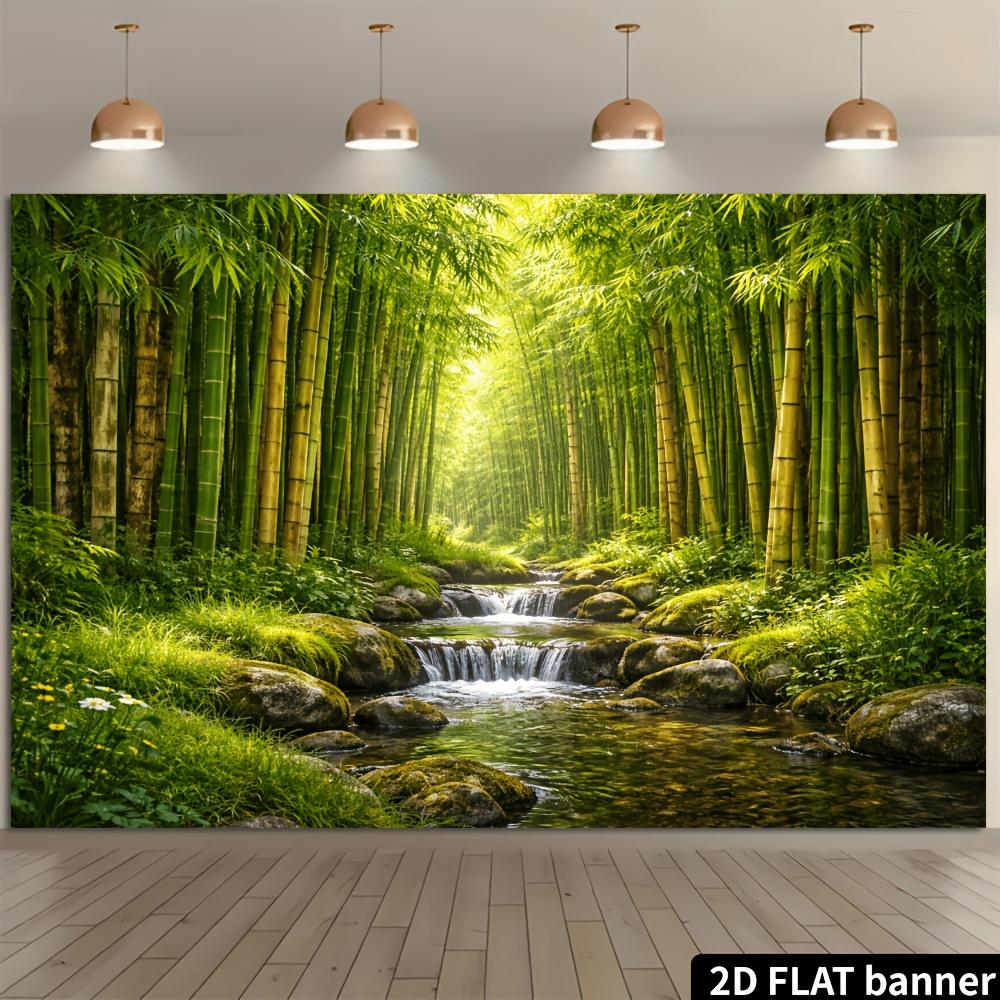 Zielony Las Bambusowy Strumień Natura Gobelin Zen Krajobraz Wiszący na Ścianę Wystrój Studio Jogi Spokojny Widok Tkanina Plakat Sztuka 2D Płaski