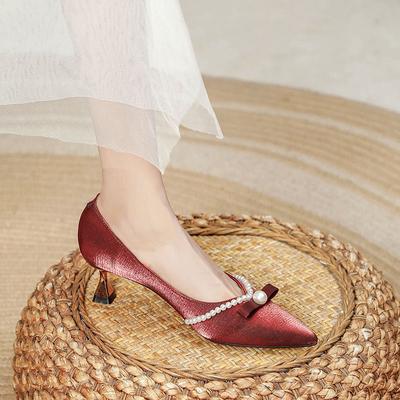New Pointed High Heels Stiletto Xiuhe Red Wedding Shoes Pearl Bow Single Shoes Women's Middle Heel
