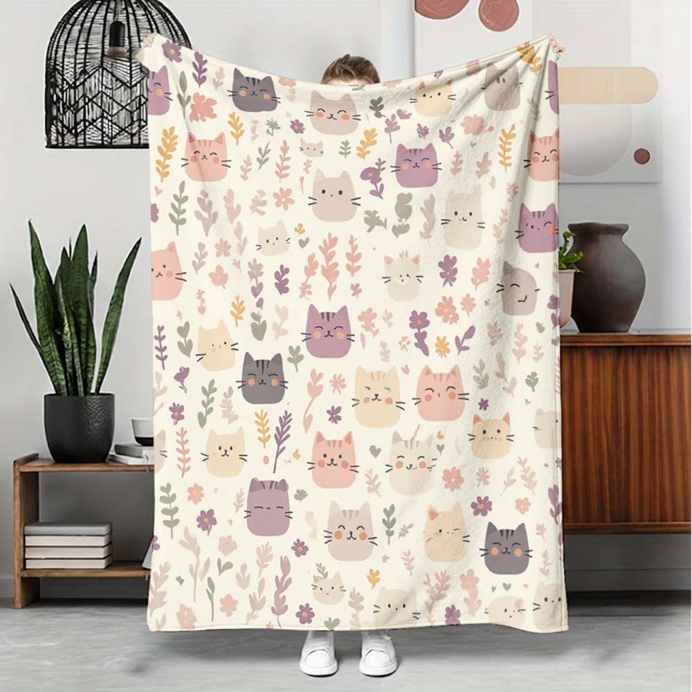 1Pc  Cute Pastel Kawaii Cat Floral Print Soft Fleece Blanket For Bedroom Living Room Dorm Decor