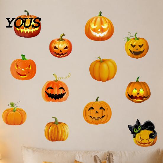 Nicht gruselige Halloween-Wohnkultur 3 Bögen Geistergesicht Kürbis Wandaufkleber, Niedliche Schwarze Katze Einfach Abziehbar Und Aufklebbar Feiertags-Wandbilder Dekorative Aufkleber,