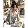 Women's V Neck Short Sleeve Top Loose Fit Casual Fake Two Piece Tee Patchwork Solid Color Blouse
