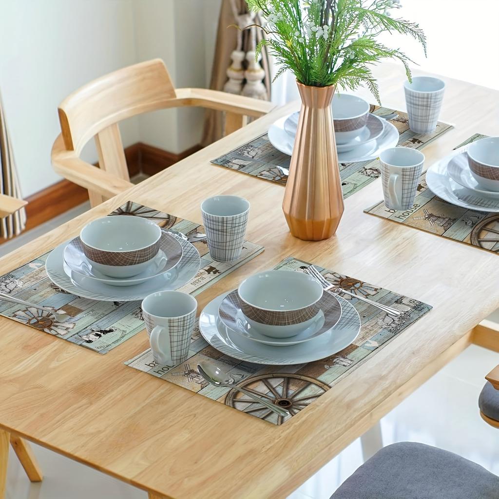Set of 4 Farmhouse Animal Placemats - Retro Rustic Barn Design with Teal Green, Brown & Beige Accents, Non-Slip Polyester Table