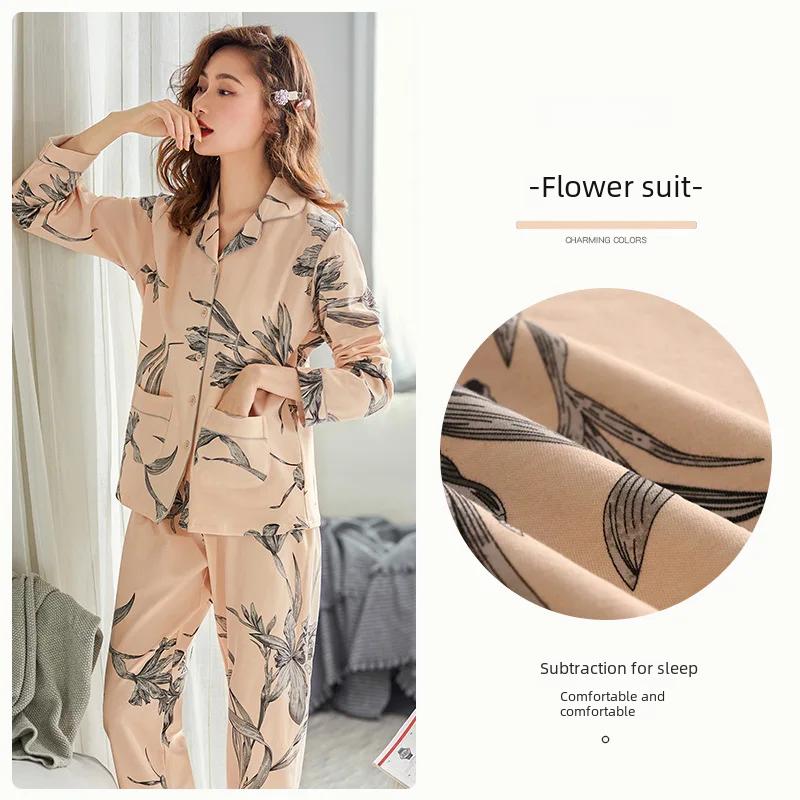 Ladies' 100% Cotton Long Sleeve Pajama Set Spring/autumn Thin Style Winter Warm Homewear Suit