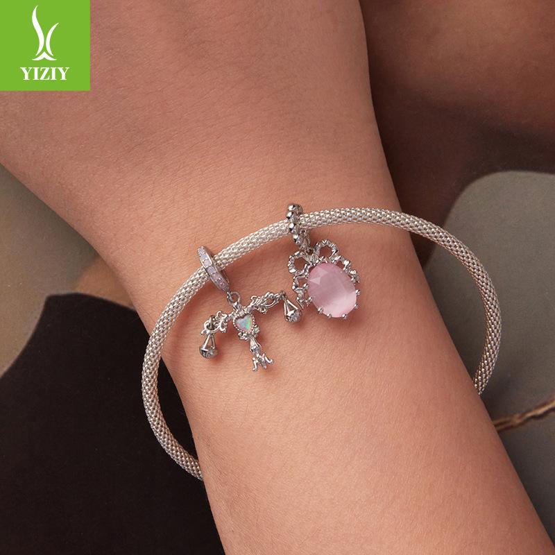 Pink Romantic Bow Diy Pendant Accessories French Sweet And Elegant S925 Sterling Silver Beaded