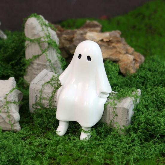 Sitting Ghost Figurine Halloween Ghost Statue Resin Desk Ghost Ornament for Indoor Planter Bookshelf Cabinet Decoration