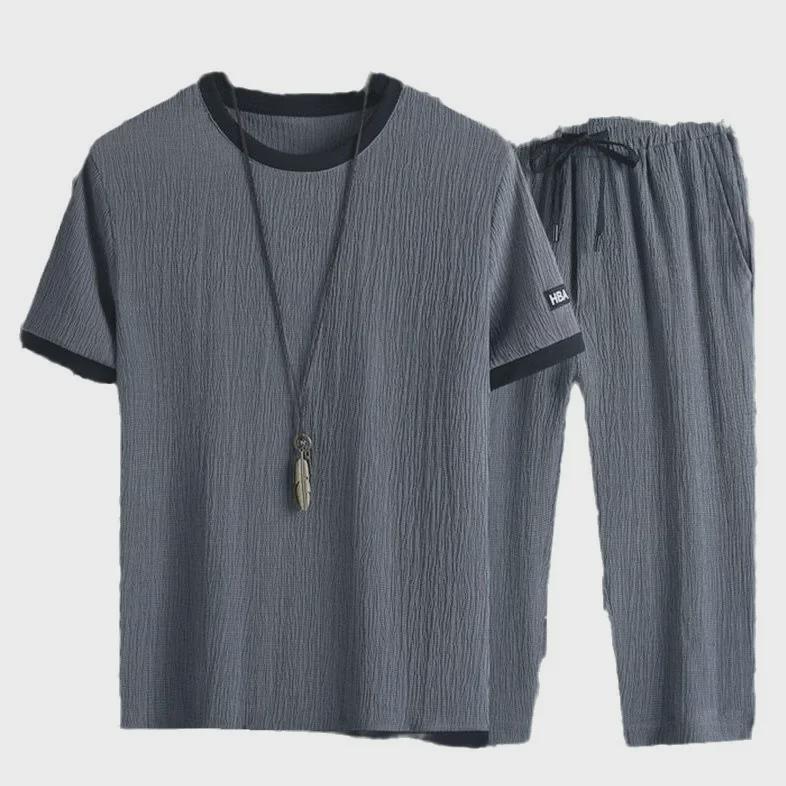 Men's Ice Silk Summer Casual Sports Suit with Graphic Text and Drawstring Shorts