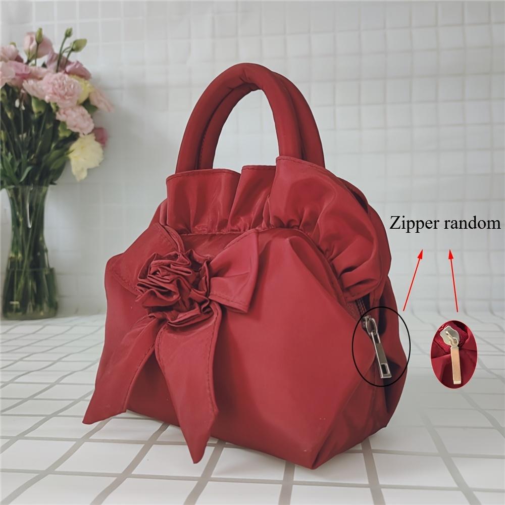 1pc Women's Floral Bow Handbag - Medium Zipper Closure Summer Tote, Durable Polyester with Spacious Interior, Hand Wash/Dry Clean