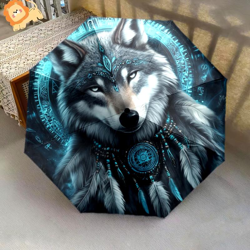 1 ks automatický skládací deštník - Krásný vzor vlka, Přenosný a skládací design s 8 žebry, Vánoční narozeninové dárky