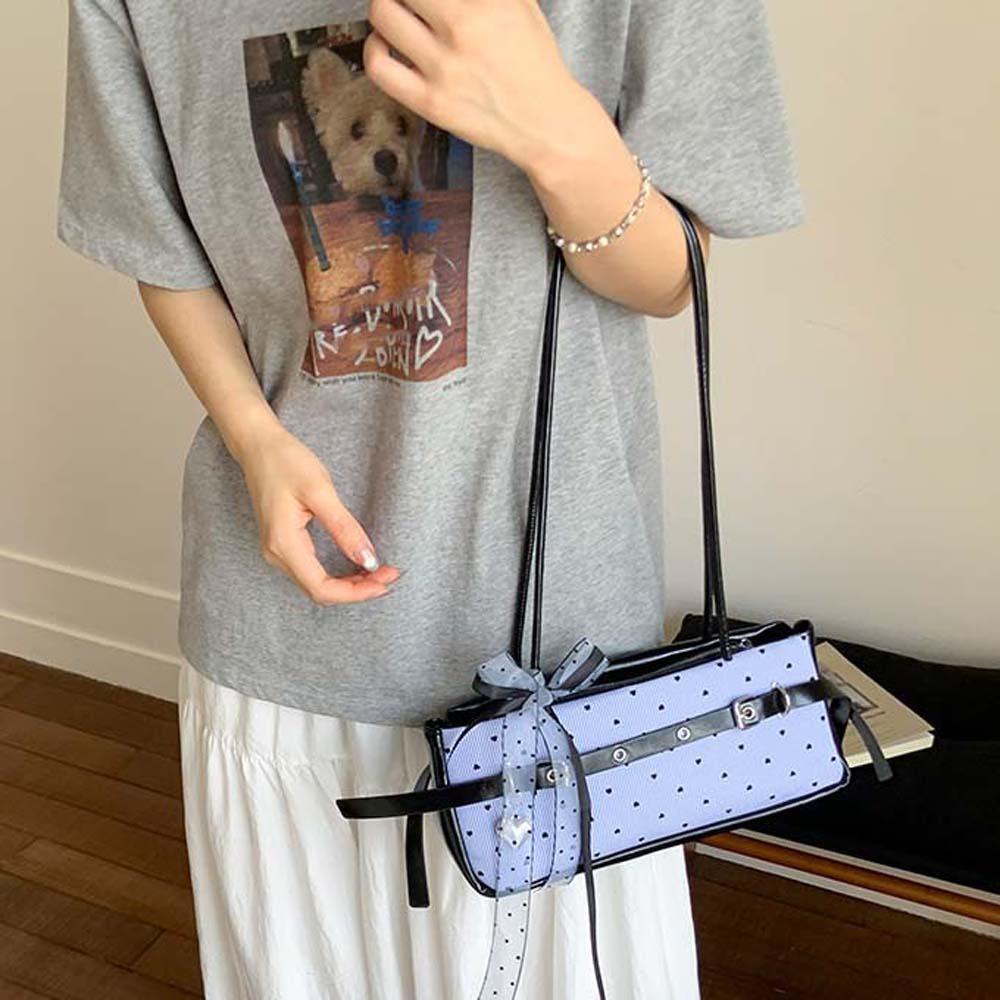 Sweet Blue Shoulder Bag Canvas Stripe Heart Underarm Bags All-match French Stick Handbag  School