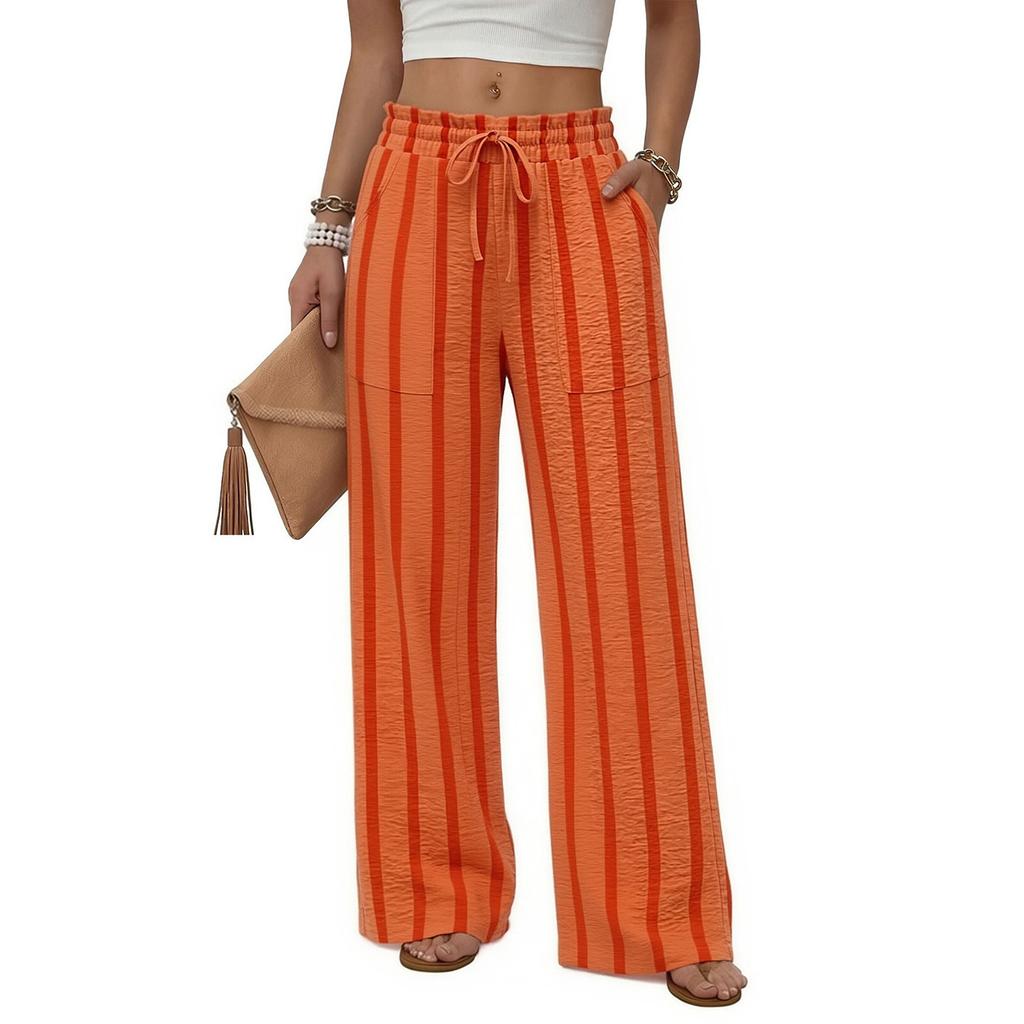 Women's Fashion Striped High Waist Wide Leg Pocket Drawstring Loose Beach Vacation Casual Pants