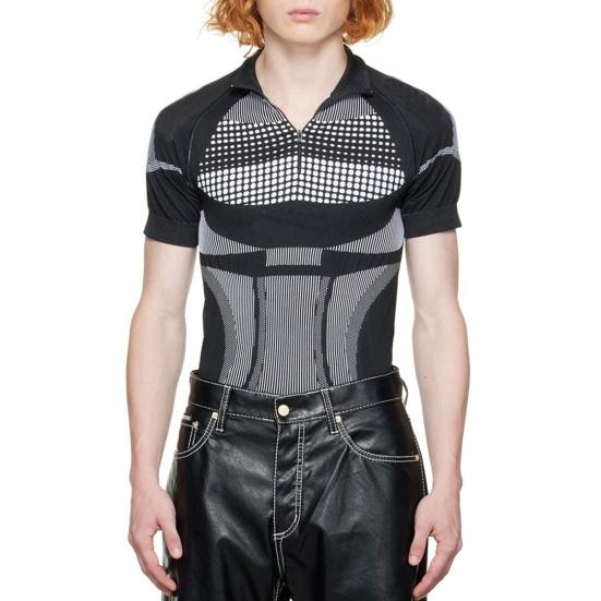

Men Summer T-shirt Short Sleeves Lapel Zipper Slim Fit Color Block Keep Cooling Soft Elastic Men Base Top Men Clothes M чорний
