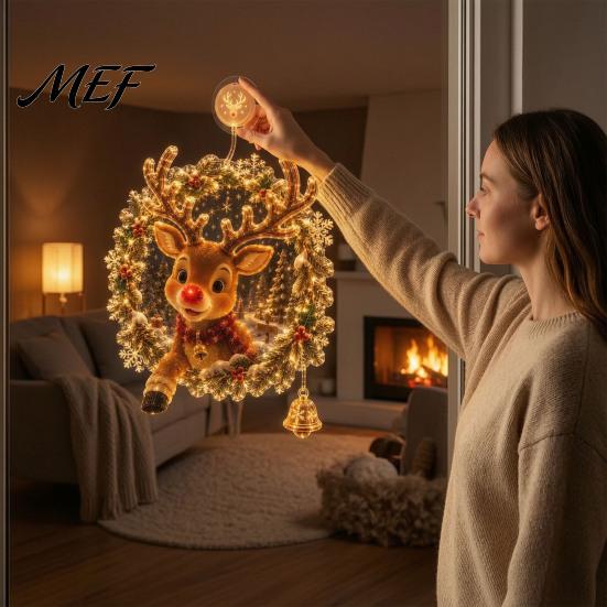 Christmas Party Ornament Suction Cup Window Light, 7.8-Inch Double-Layer Warm LED Wall Hanging Decor Battery Powered Light for Holiday Glass Windows,