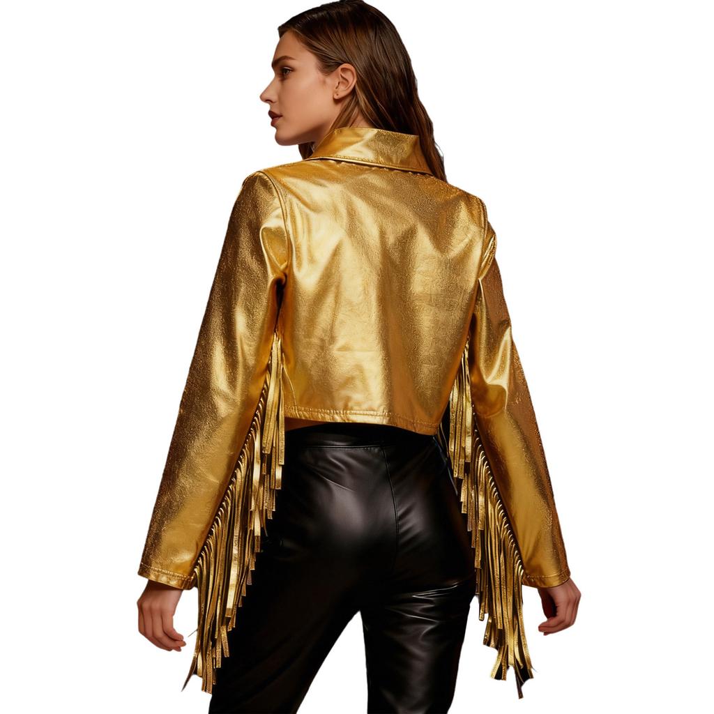 Women's Dance Birthday Party Jacket S-3XL: Tassels Metallic Glossy Turn-Down Collar Long Sleeve Zipper Fringe Shiny Design