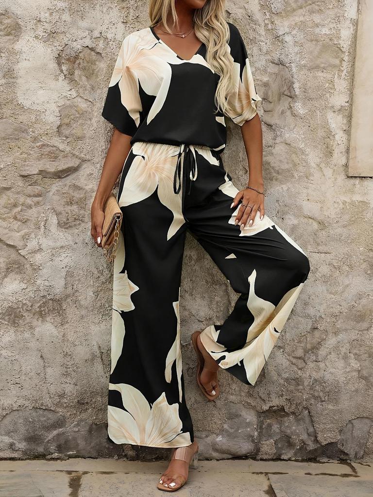 European & American Summer 2025 V-neck Batwing Top and Long Pants Two-piece Set